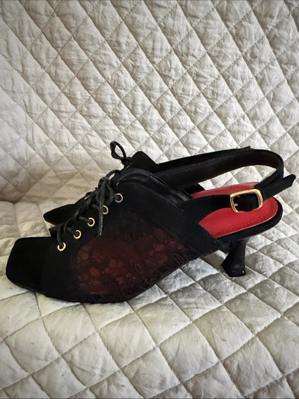 Black Lace Slingback Heels with Red Insole